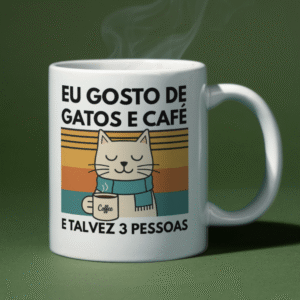 Home Caneca de cerâmica 325ml com arte retrô de gato segurando café e frase “Eu gosto de gatos e café… e talvez 3 pessoas"