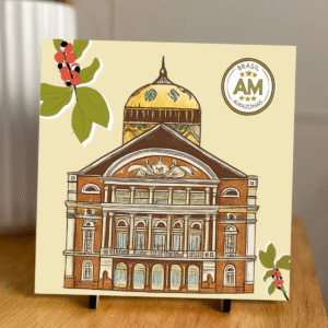 Home Azulejo decorativo com ilustração artística do Teatro Amazonas e elementos botânicos em estilo regional amazônico.